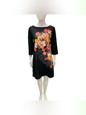 Promod Black Long-Sleeve Floral Shift Dress with Pink & Yellow Blooms Size M